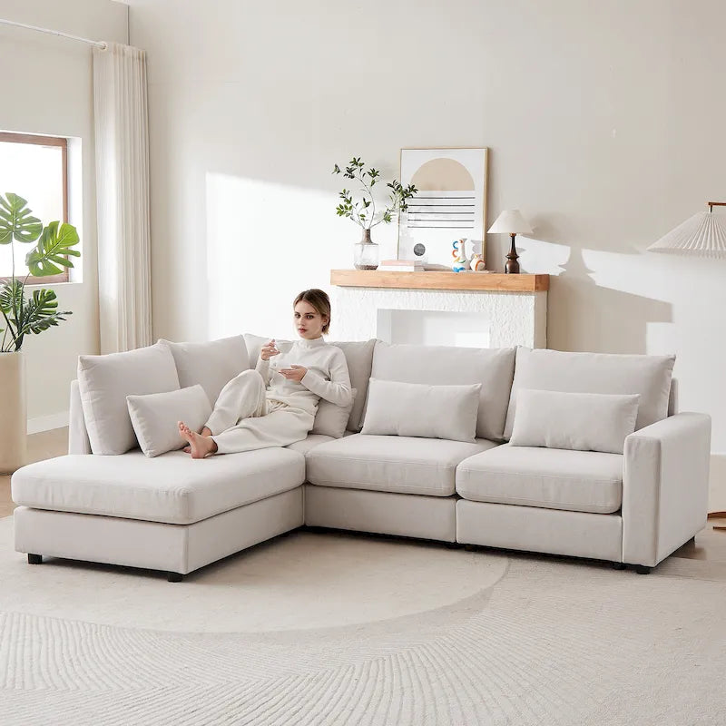 100.2 Leinen Ecksofa mit Ottoman & Lendenkissen