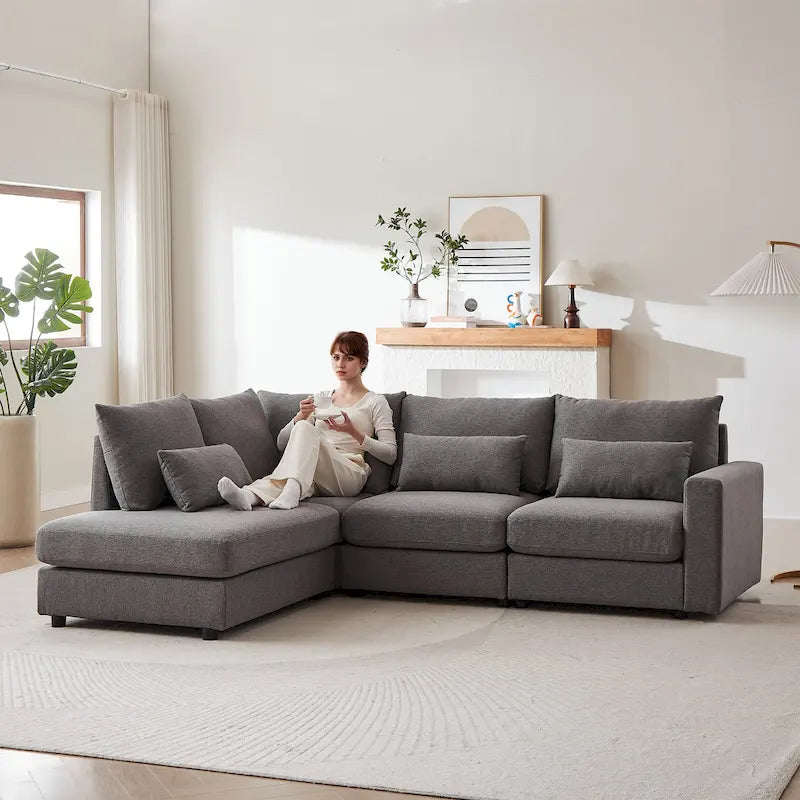 100.2 Leinen Ecksofa mit Ottoman & Lendenkissen