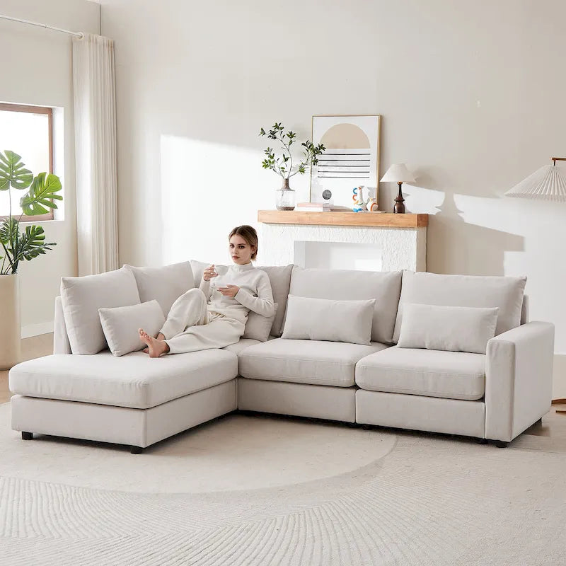 100.2 Leinen Ecksofa mit Ottoman & Lendenkissen