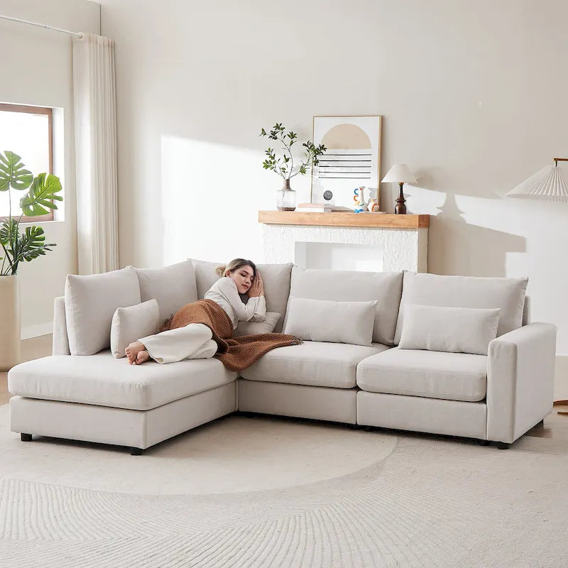 100.2 Leinen Ecksofa mit Ottoman & Lendenkissen