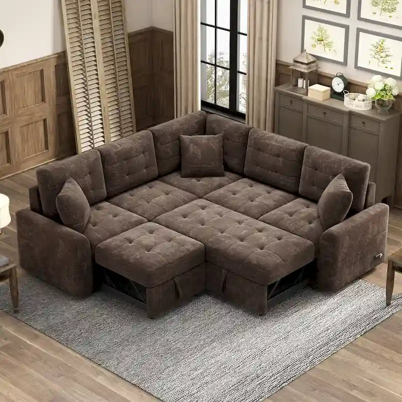 Ausziehbares L-förmiges Schlafsofa mit Rollen, USB-Anschlüssen und Steckdosen