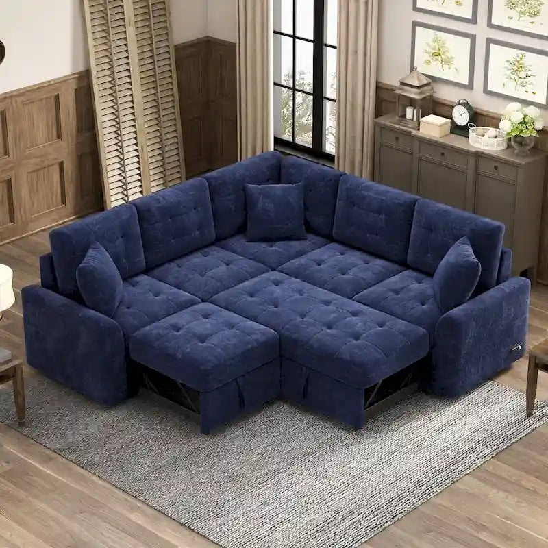 Ausziehbares L-förmiges Schlafsofa mit Rollen, USB-Anschlüssen und Steckdosen
