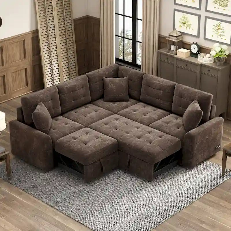 Ausziehbares L-förmiges Schlafsofa mit Rollen, USB-Anschlüssen und Steckdosen