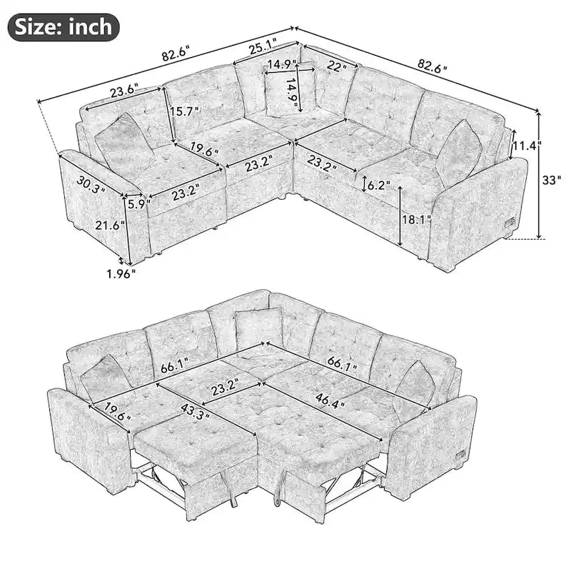 Ausziehbares L-förmiges Schlafsofa mit Rollen, USB-Anschlüssen und Steckdosen