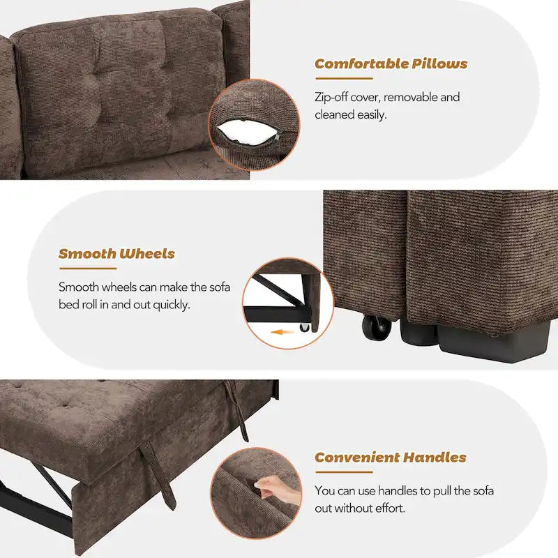Ausziehbares L-förmiges Schlafsofa mit Rollen, USB-Anschlüssen und Steckdosen