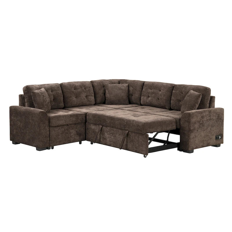 Ausziehbares L-förmiges Schlafsofa mit Rollen, USB-Anschlüssen und Steckdosen