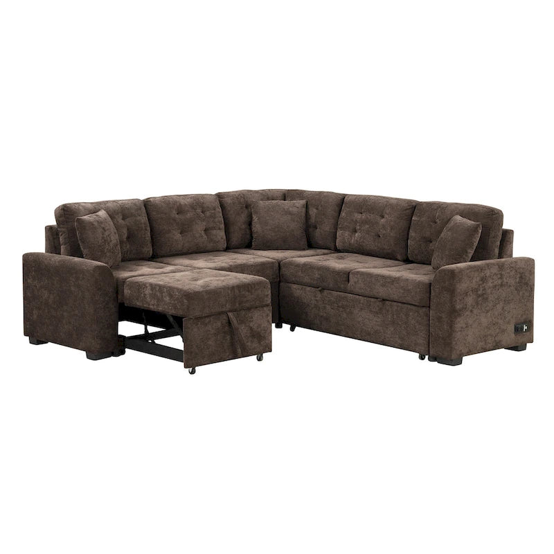 Ausziehbares L-förmiges Schlafsofa mit Rollen, USB-Anschlüssen und Steckdosen