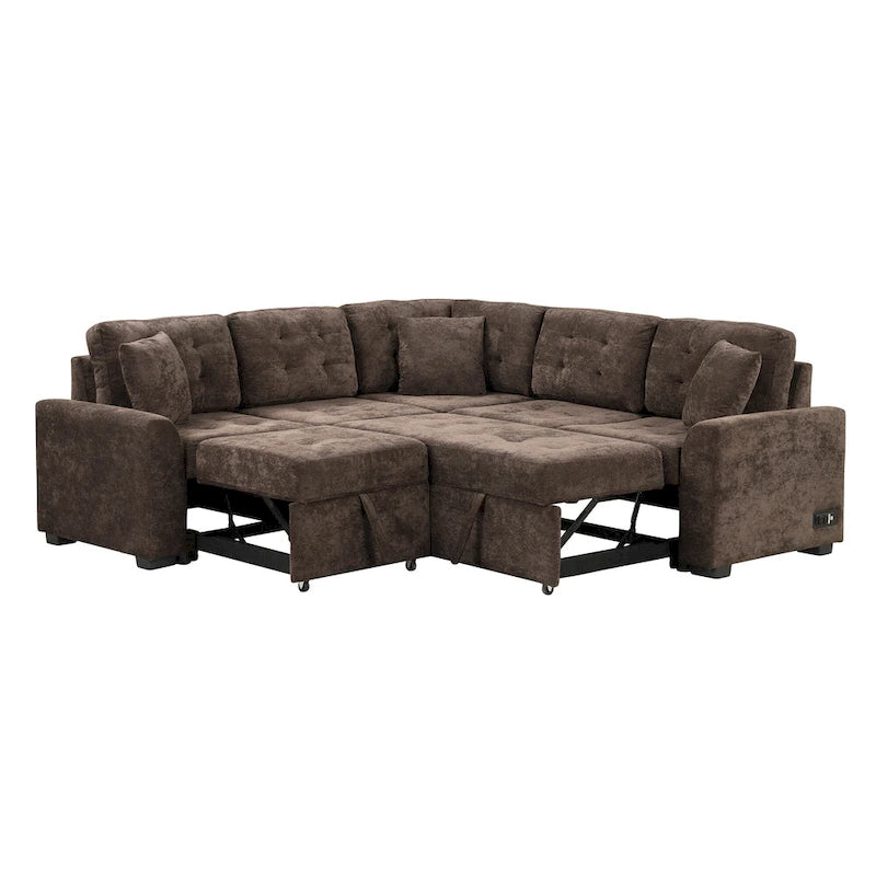 Ausziehbares L-förmiges Schlafsofa mit Rollen, USB-Anschlüssen und Steckdosen