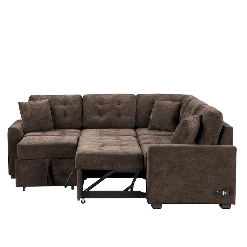 Ausziehbares L-förmiges Schlafsofa mit Rollen, USB-Anschlüssen und Steckdosen