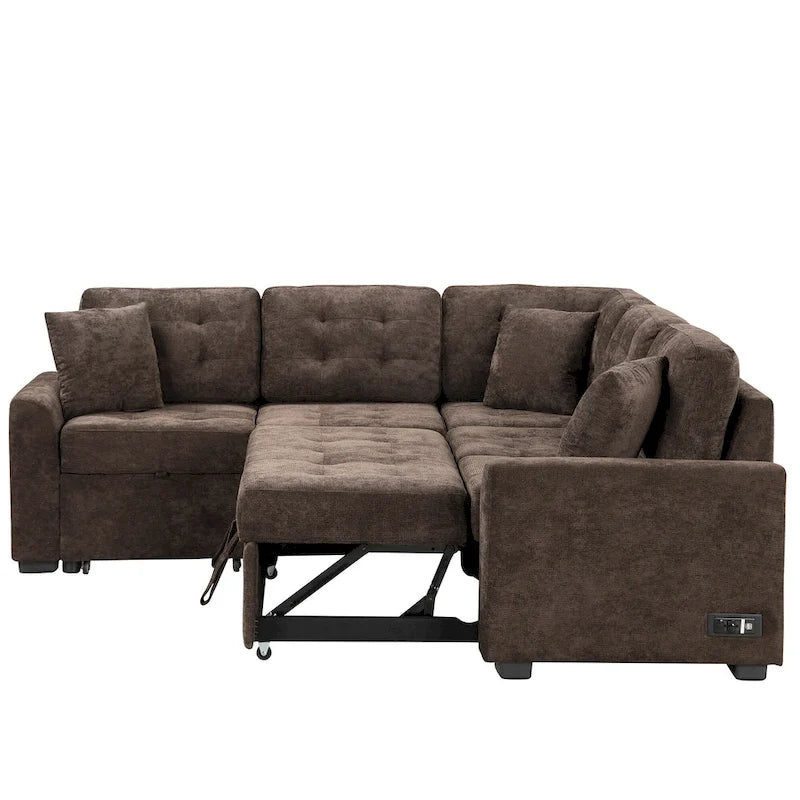 Ausziehbares L-förmiges Schlafsofa mit Rollen, USB-Anschlüssen und Steckdosen
