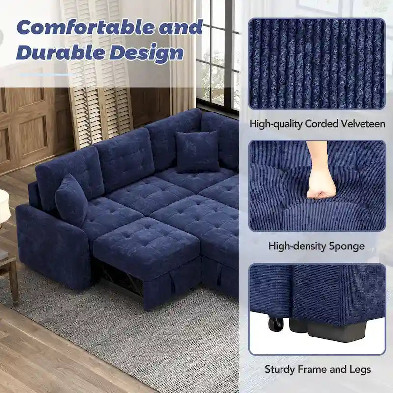 Ausziehbares L-förmiges Schlafsofa mit Rollen, USB-Anschlüssen und Steckdosen