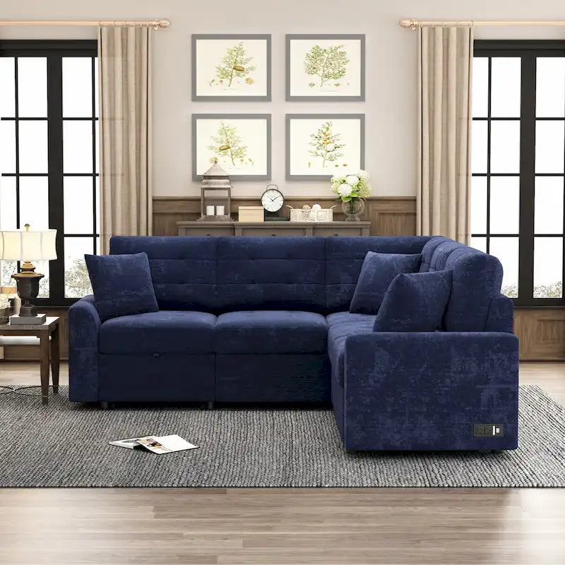 Ausziehbares L-förmiges Schlafsofa mit Rollen, USB-Anschlüssen und Steckdosen