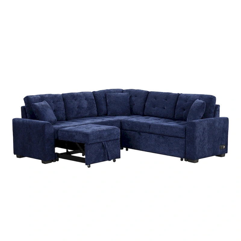Ausziehbares L-förmiges Schlafsofa mit Rollen, USB-Anschlüssen und Steckdosen