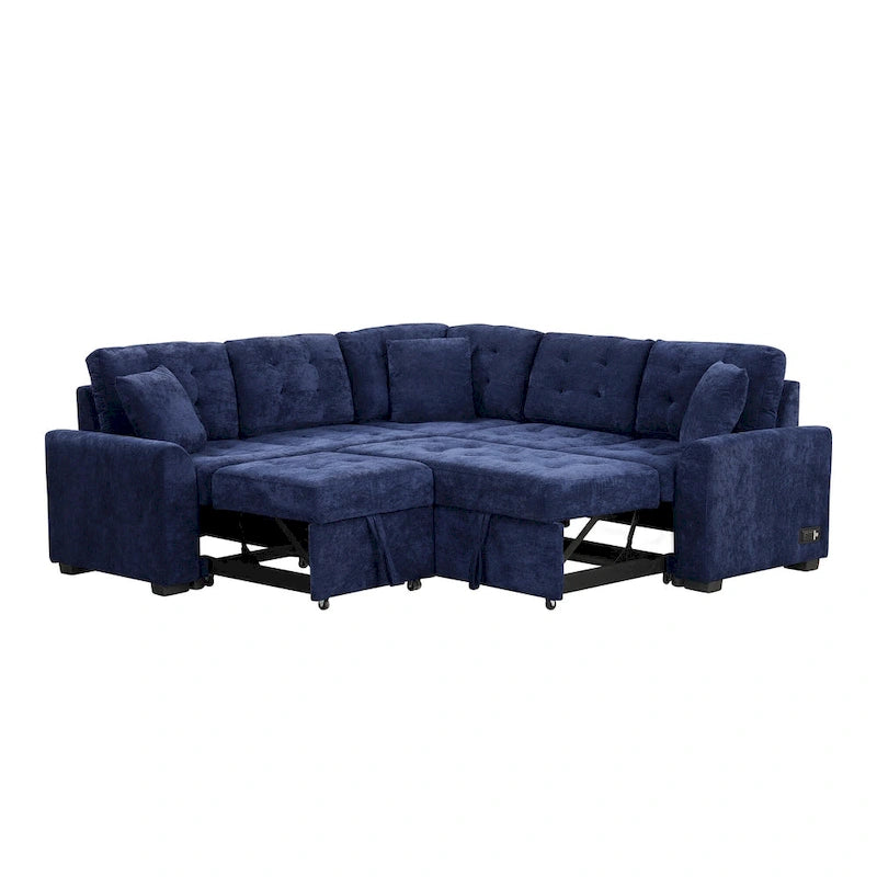Ausziehbares L-förmiges Schlafsofa mit Rollen, USB-Anschlüssen und Steckdosen