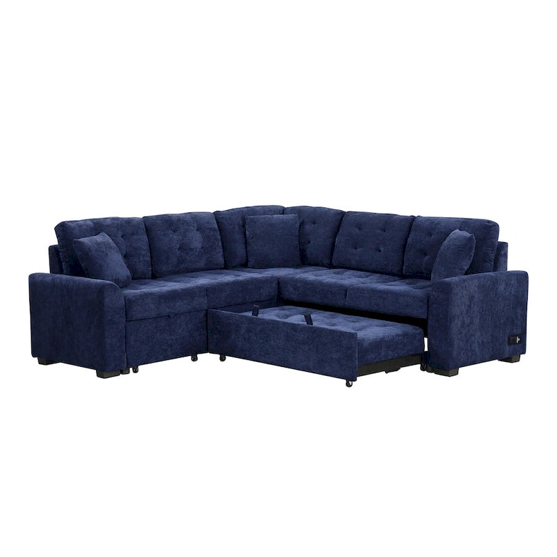 Ausziehbares L-förmiges Schlafsofa mit Rollen, USB-Anschlüssen und Steckdosen