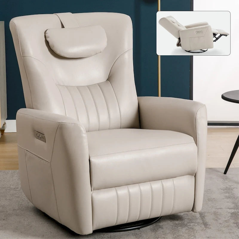 Beiger Power-Relaxsessel mit 270°-Drehfunktion, Schaukelbewegung, Lordosenstütze, USB- & Typ-C-Anschlüssen