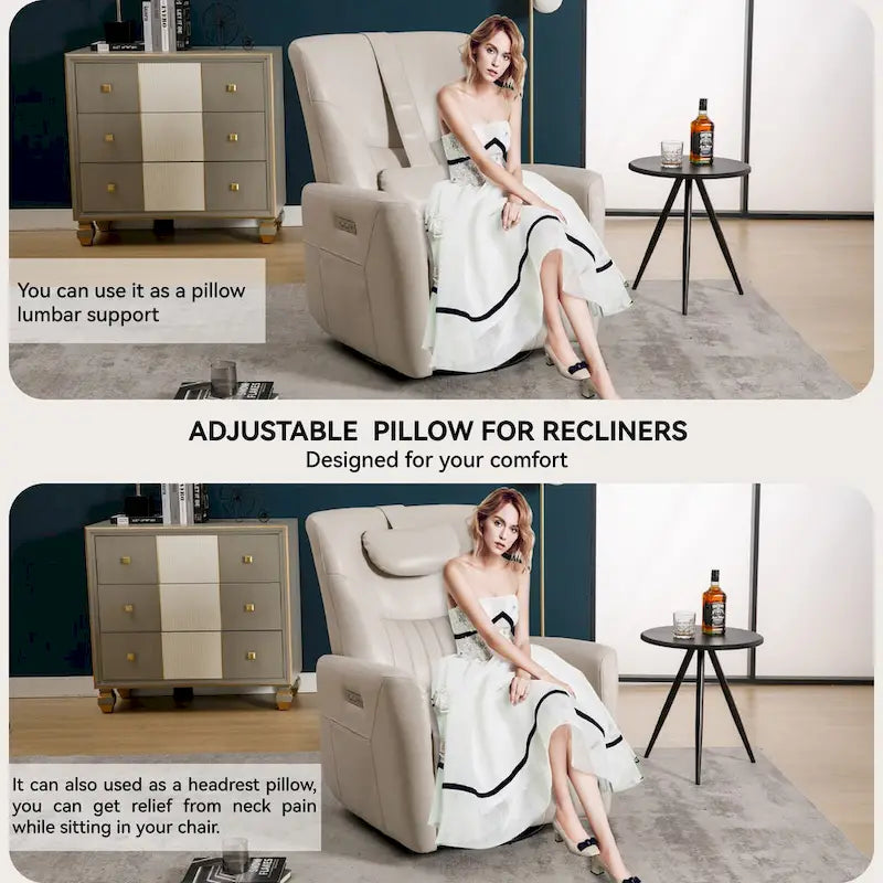 Beiger Power-Relaxsessel mit 270°-Drehfunktion, Schaukelbewegung, Lordosenstütze, USB- & Typ-C-Anschlüssen