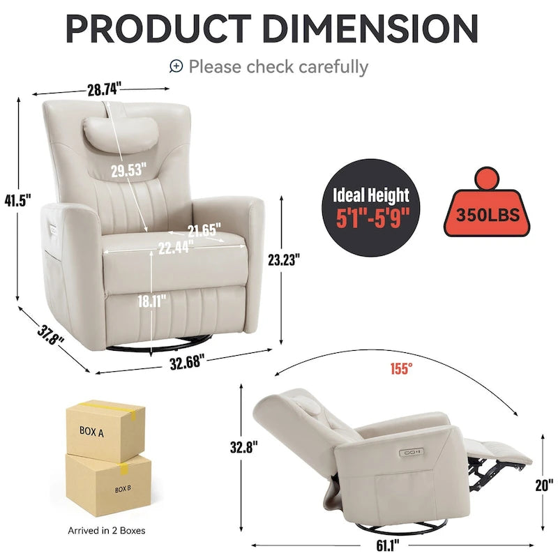 Beiger Power-Relaxsessel mit 270°-Drehfunktion, Schaukelbewegung, Lordosenstütze, USB- & Typ-C-Anschlüssen