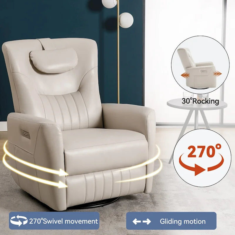 Beiger Power-Relaxsessel mit 270°-Drehfunktion, Schaukelbewegung, Lordosenstütze, USB- & Typ-C-Anschlüssen