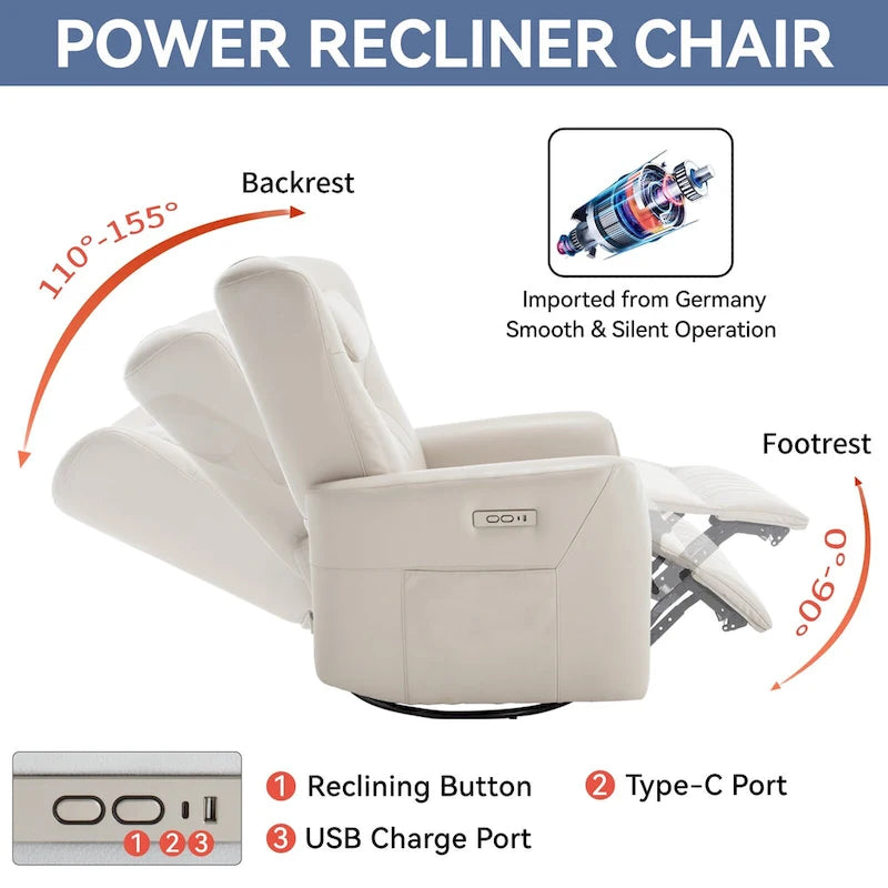 Beiger Power-Relaxsessel mit 270°-Drehfunktion, Schaukelbewegung, Lordosenstütze, USB- & Typ-C-Anschlüssen