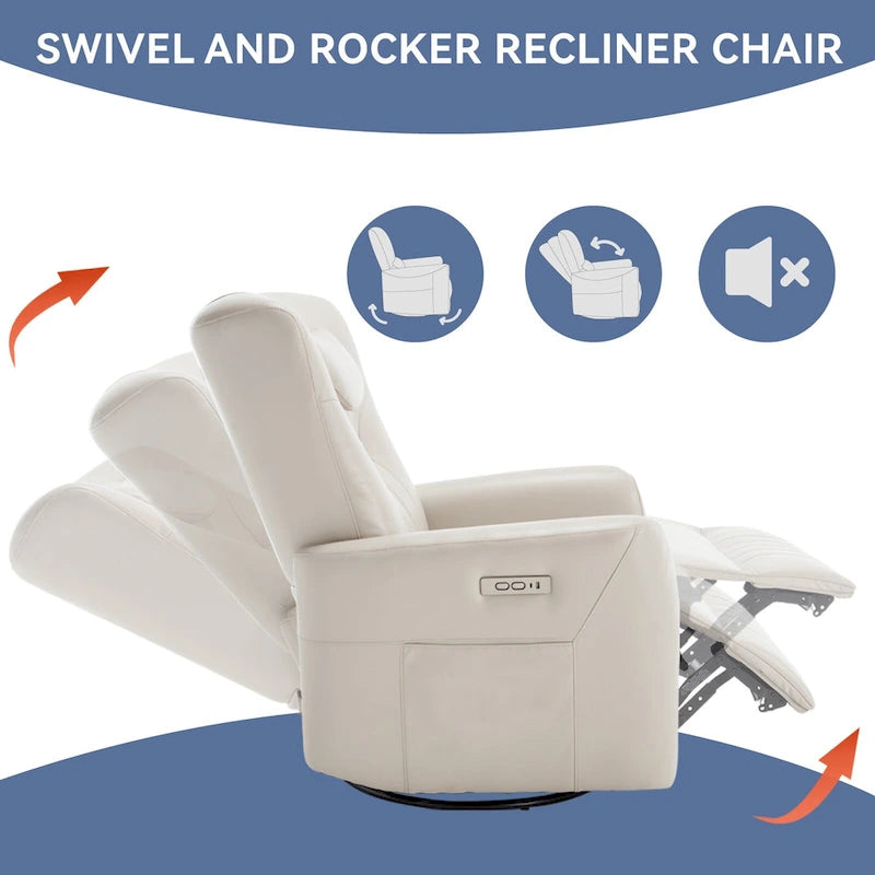 Beiger Power-Relaxsessel mit 270°-Drehfunktion, Schaukelbewegung, Lordosenstütze, USB- & Typ-C-Anschlüssen