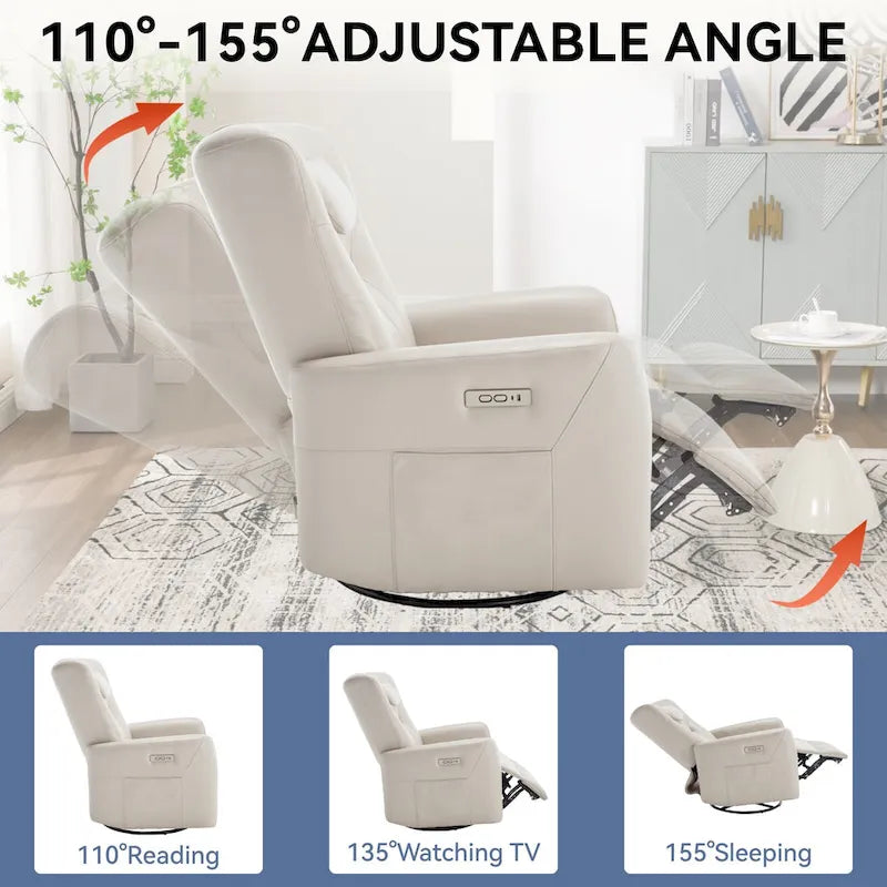 Beiger Power-Relaxsessel mit 270°-Drehfunktion, Schaukelbewegung, Lordosenstütze, USB- & Typ-C-Anschlüssen