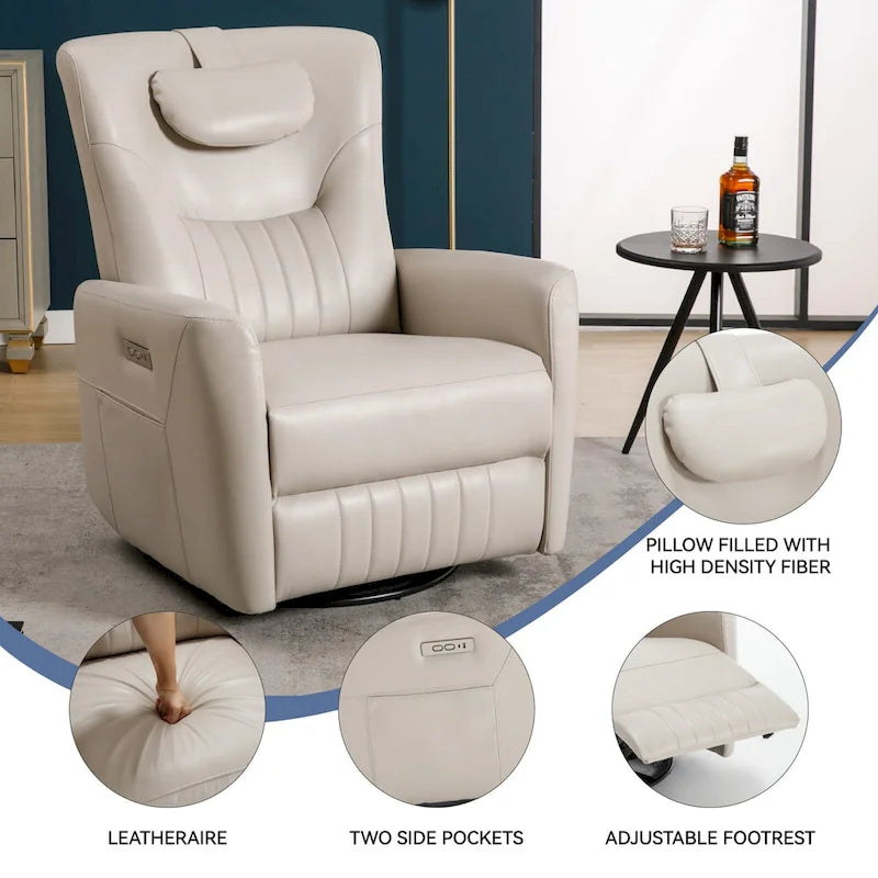 Beiger Power-Relaxsessel mit 270°-Drehfunktion, Schaukelbewegung, Lordosenstütze, USB- & Typ-C-Anschlüssen