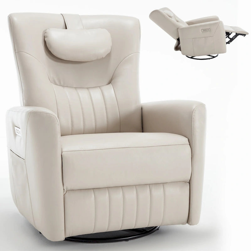 Beiger Power-Relaxsessel mit 270°-Drehfunktion, Schaukelbewegung, Lordosenstütze, USB- & Typ-C-Anschlüssen