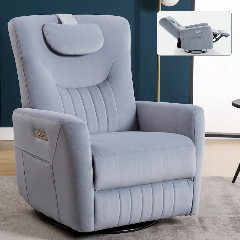 Beiger Power-Relaxsessel mit 270°-Drehfunktion, Schaukelbewegung, Lordosenstütze, USB- & Typ-C-Anschlüssen