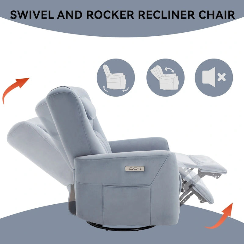 Beiger Power-Relaxsessel mit 270°-Drehfunktion, Schaukelbewegung, Lordosenstütze, USB- & Typ-C-Anschlüssen