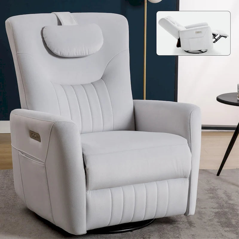 Beiger Power-Relaxsessel mit 270°-Drehfunktion, Schaukelbewegung, Lordosenstütze, USB- & Typ-C-Anschlüssen