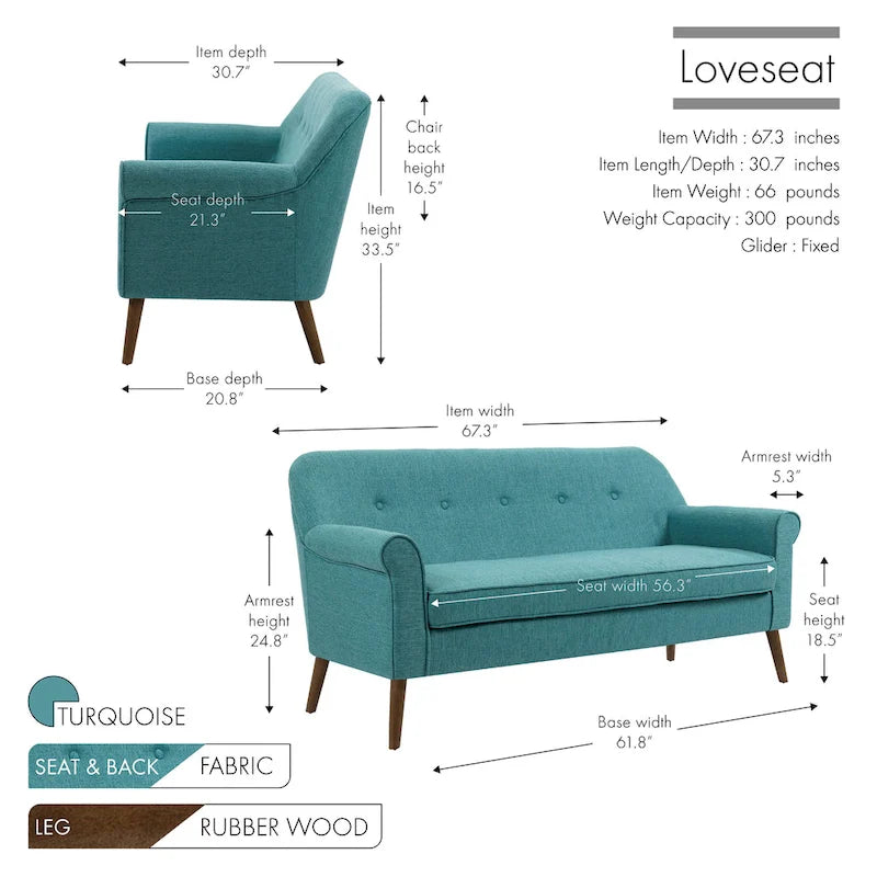 Kleines Loveseat Sofa, Stoff, Kautschukholzbeine