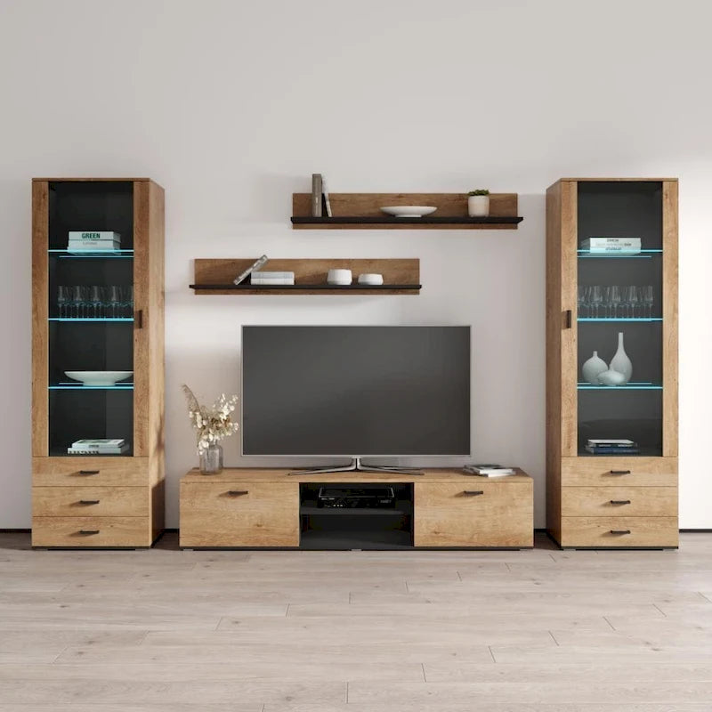 Moderne Wohnwand mit TV-Möbel und LED-Beleuchtung