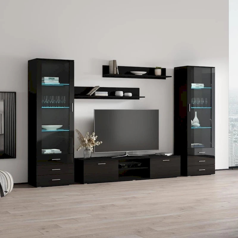 Moderne Wohnwand mit TV-Möbel und LED-Beleuchtung