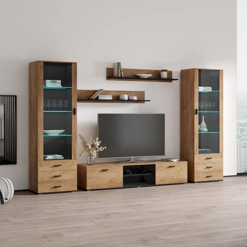 Moderne Wohnwand mit TV-Möbel und LED-Beleuchtung