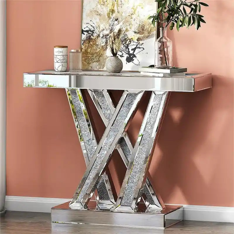 Modern Console Table Silver Entryway Table Inlay with Crushed Diamond