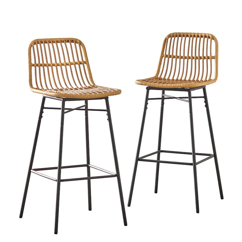 Barhocker aus Kunst-Rattan mit schwarzen Metallbeinen, 76 cm hoch (2er-Set)