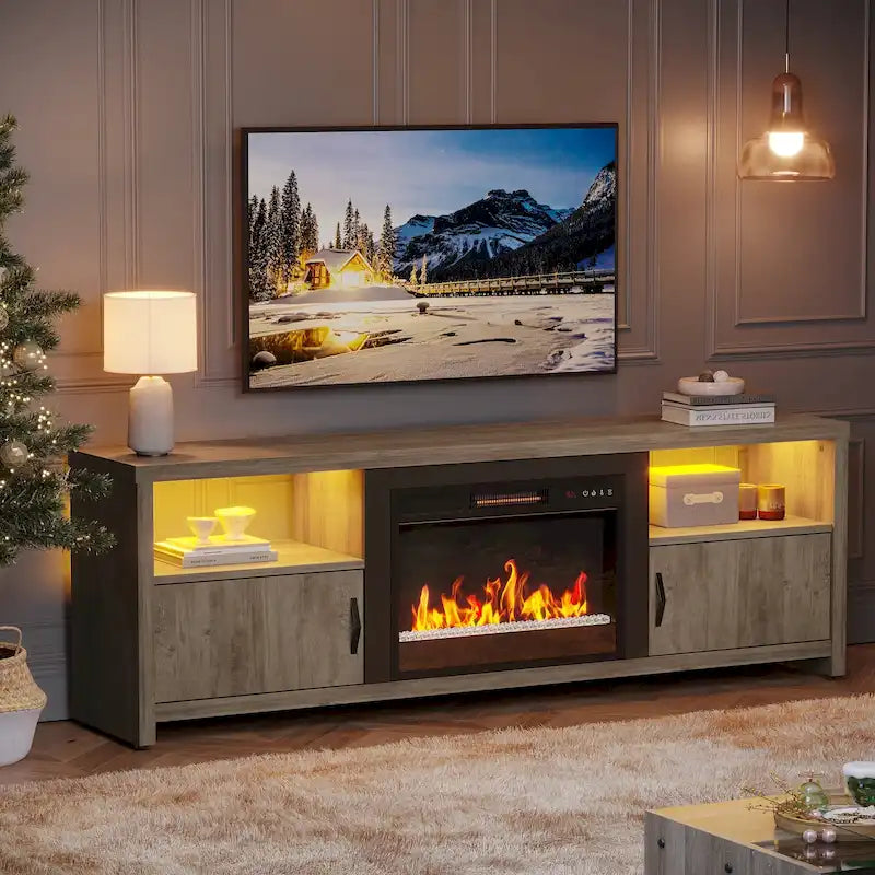 70-Zoll-TV-Ständer für 75-Zoll-Fernseher mit LED-Kaminbeleuchtung und Schrank – 71 Zoll