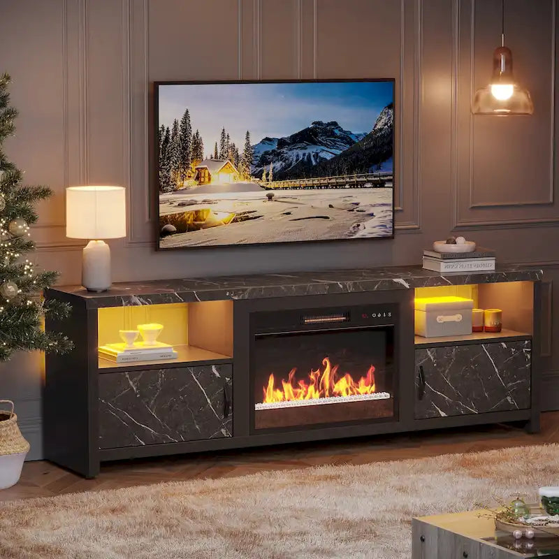 70-Zoll-TV-Ständer für 75-Zoll-Fernseher mit LED-Kaminbeleuchtung und Schrank – 71 Zoll