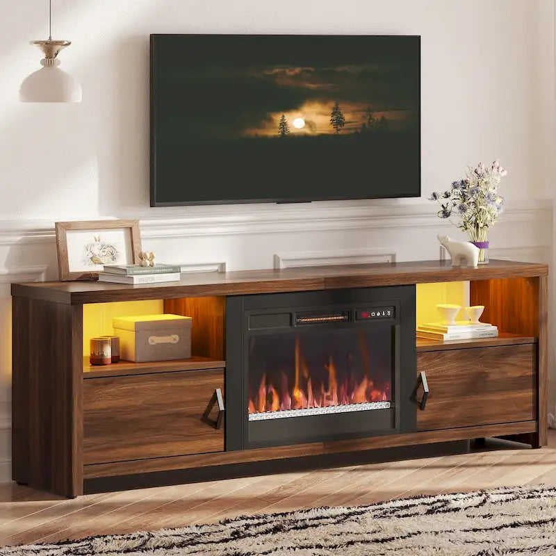 70-Zoll-TV-Ständer für 75-Zoll-Fernseher mit LED-Kaminbeleuchtung und Schrank – 71 Zoll