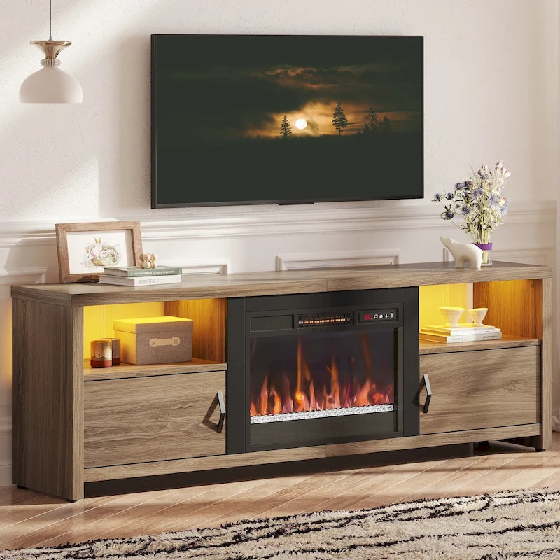 70-Zoll-TV-Ständer für 75-Zoll-Fernseher mit LED-Kaminbeleuchtung und Schrank – 71 Zoll
