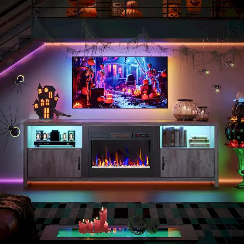 70 TV Stand for 75 TVs with LED Fireplace Light and Cabinet - 71 inches