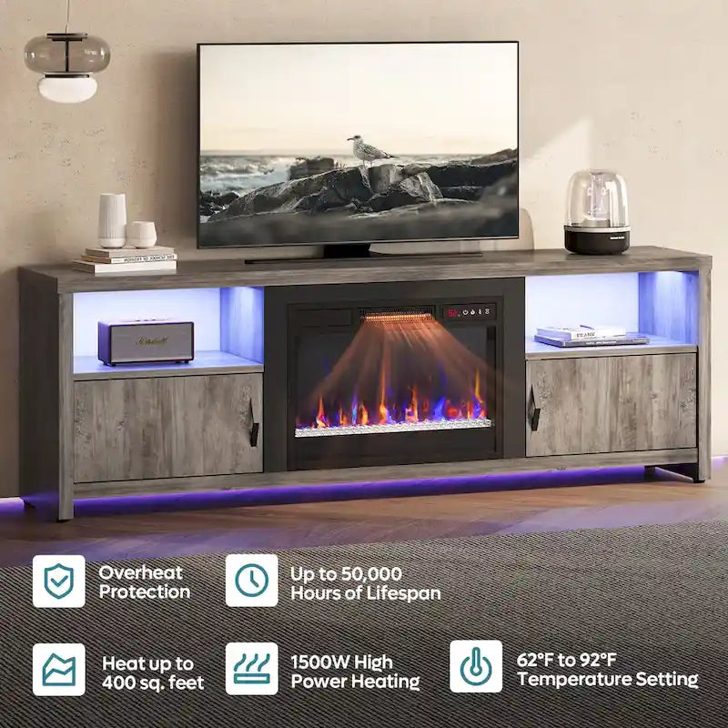 70-Zoll-TV-Ständer für 75-Zoll-Fernseher mit LED-Kaminbeleuchtung und Schrank – 71 Zoll
