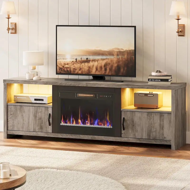 70-Zoll-TV-Ständer für 75-Zoll-Fernseher mit LED-Kaminbeleuchtung und Schrank – 71 Zoll