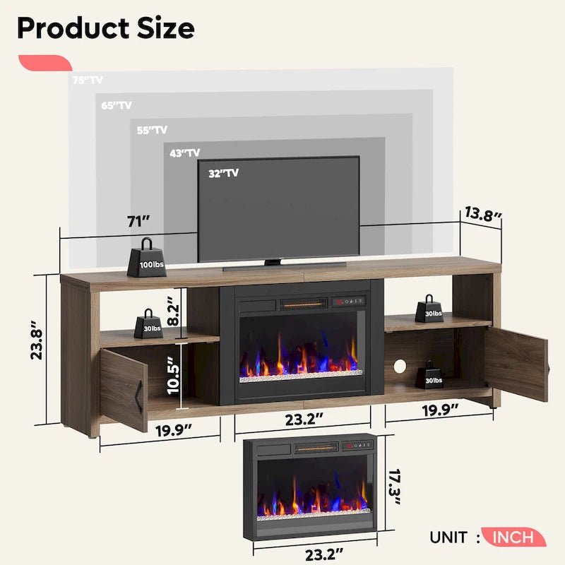 70-Zoll-TV-Ständer für 75-Zoll-Fernseher mit LED-Kaminbeleuchtung und Schrank – 71 Zoll
