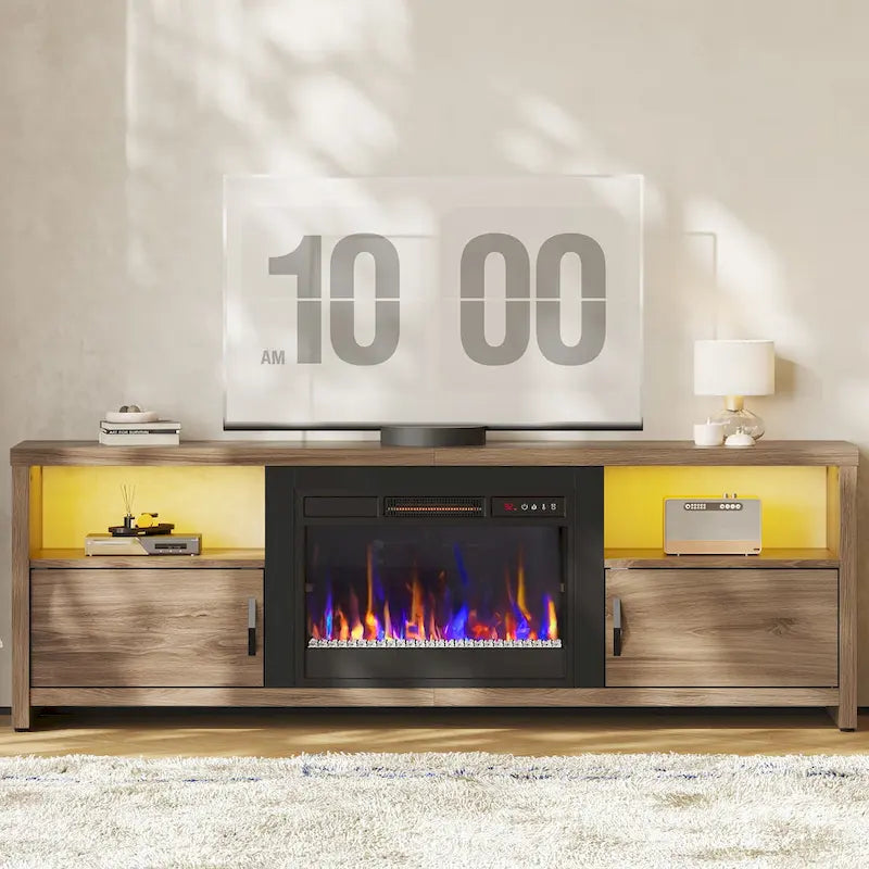 70-Zoll-TV-Ständer für 75-Zoll-Fernseher mit LED-Kaminbeleuchtung und Schrank – 71 Zoll