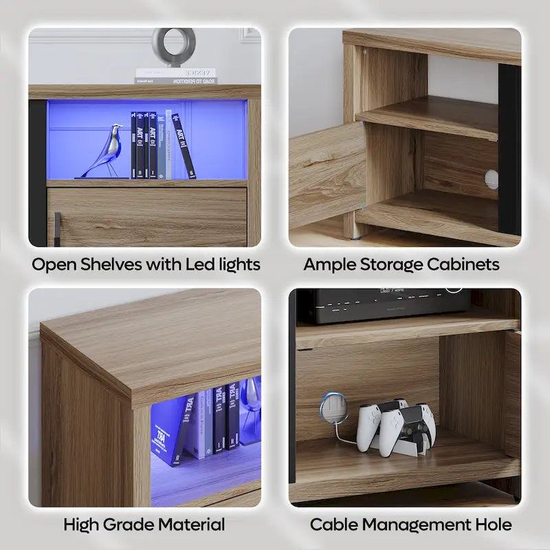 70-Zoll-TV-Ständer für 75-Zoll-Fernseher mit LED-Kaminbeleuchtung und Schrank – 71 Zoll