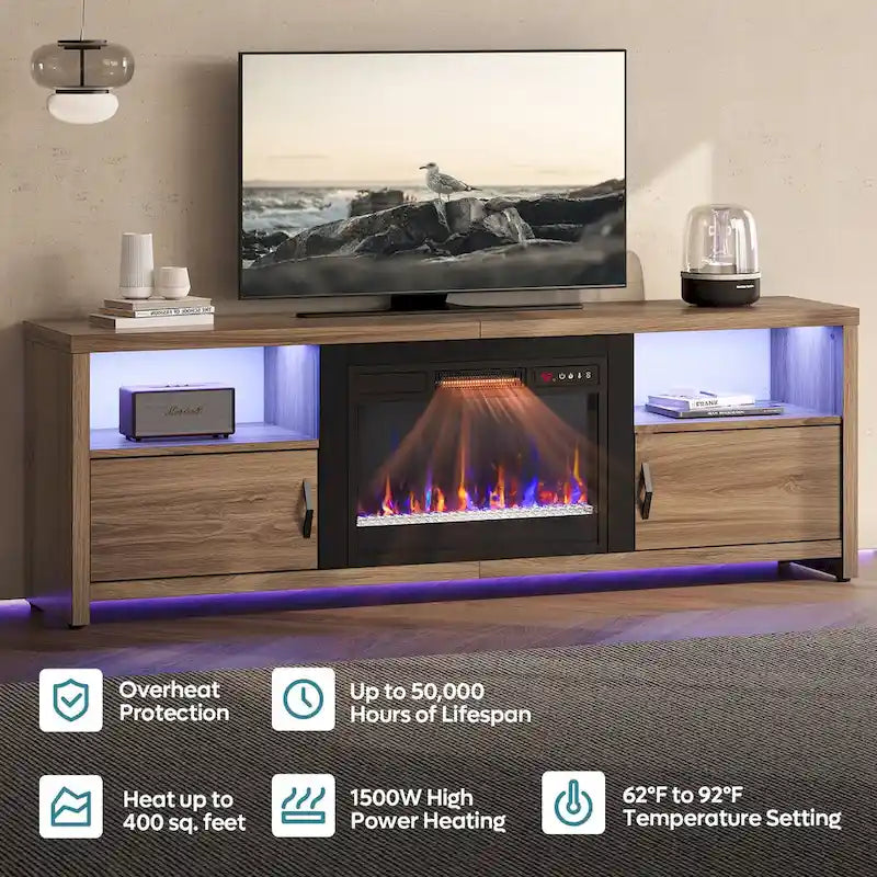 70-Zoll-TV-Ständer für 75-Zoll-Fernseher mit LED-Kaminbeleuchtung und Schrank – 71 Zoll