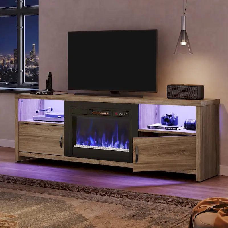 70-Zoll-TV-Ständer für 75-Zoll-Fernseher mit LED-Kaminbeleuchtung und Schrank – 71 Zoll