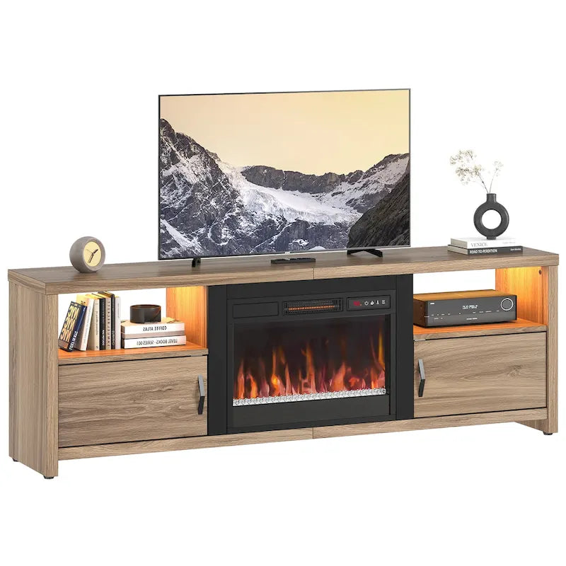 70-Zoll-TV-Ständer für 75-Zoll-Fernseher mit LED-Kaminbeleuchtung und Schrank – 71 Zoll